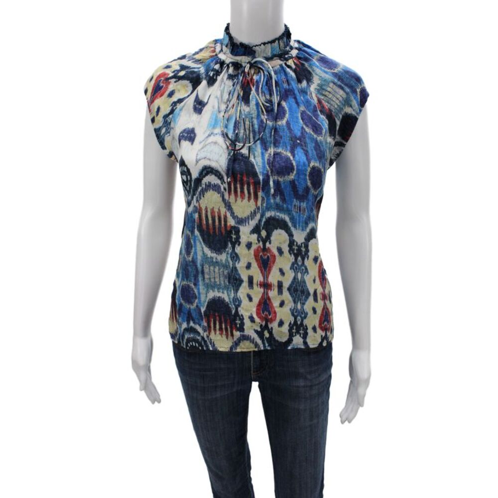 Mariacher Womens Bohemian Silk Tunic High Neck Tie Short Sleeve Blue Size M